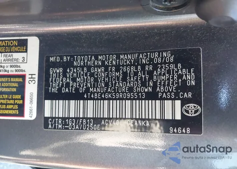 2009 Toyota Camry Le z USA, uszkodzony, nr VIN 4T4BE46K59R095513